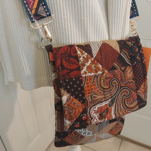 3281 Handmade Quilted Crossbody Bag with Guitar Strap. In Orange and Brown Color - Picture 2 of 8